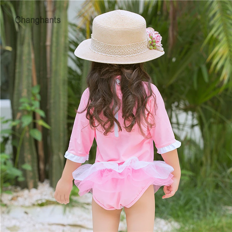 Новые модели детский купальник Цельный для девочек голубой розовый длинный