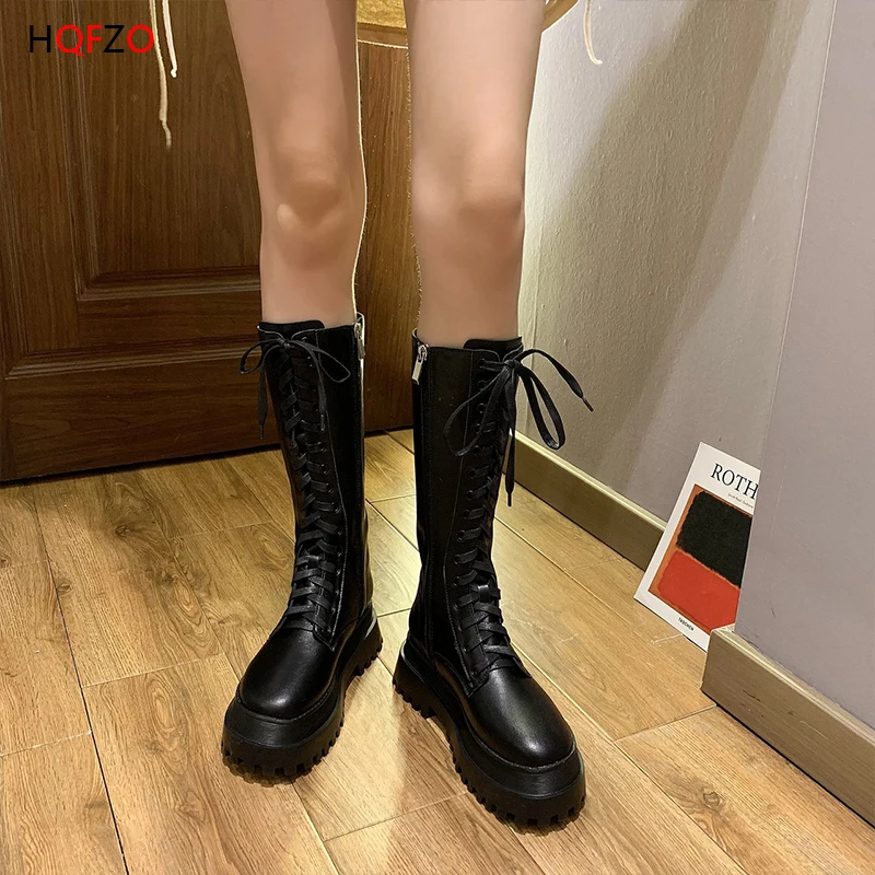 

HQFZO Women Motorcycle boots Zipper Cross-tied Thick Bottom Cool Combat Botas Chunky Ankle Botines High Quality Leather