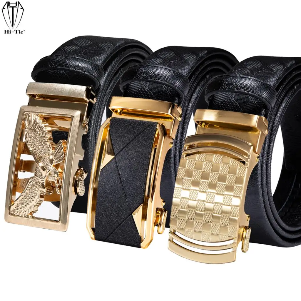 Luxury Black Gold Automatic Buckles Mens Leather Belts Alloy Button Male Waistband Ratchet Dress Jeans Straps Adjustable Wedding