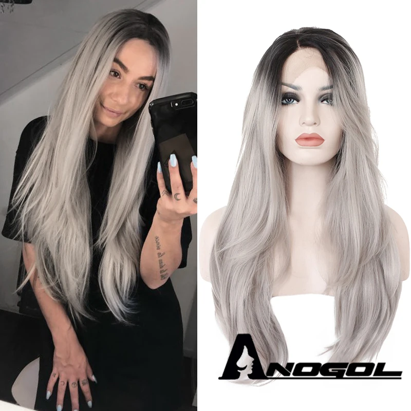 Anogol средняя часть серебристо серый Омбре черные корни длинные натуральные волны