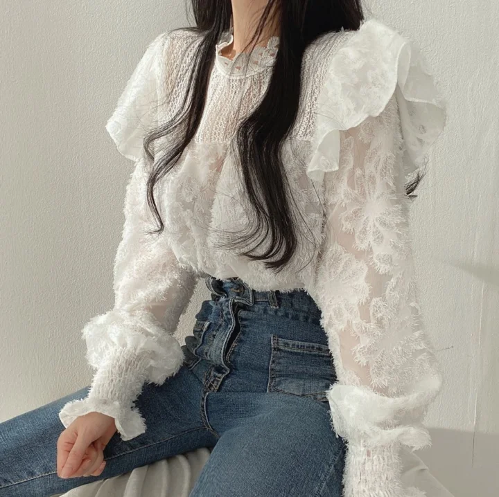 

Elegant Lace Hook Flower Tassel Blouse Women O Neck Pullover Long Sleeve Solid Blusas Spring 2021 New Ol Shirt Femme