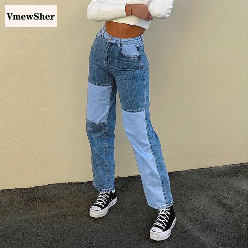 

VmewSher New Patchwork Straight Women's Jeans Baggy Vintage High Waist Boyfriends Denim Pants Stylish Streetwear 2020 Female