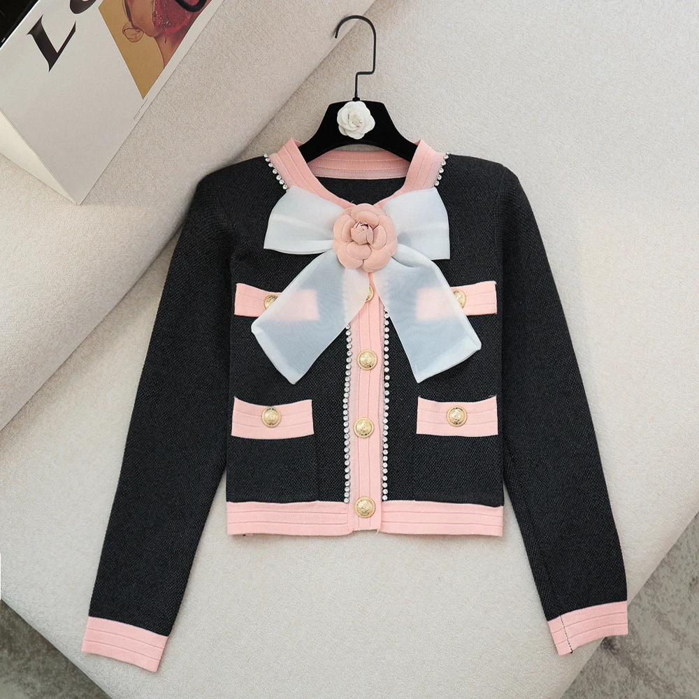 

High Quality Fashion Women Autumn Winter Vintage Elegant Sweet Cute Bow Flower Diamond Stretch Short Knitted Cardigan Sweater