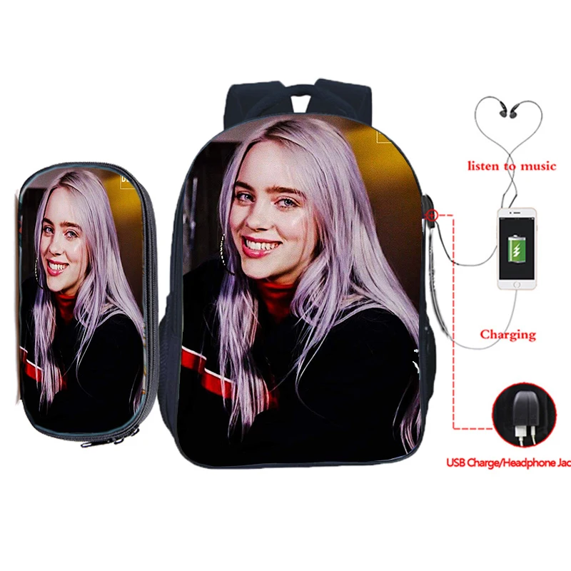 11 Billie Eilish рюкзак для зарядки через usb 2 шт./компл. школьная сумка для подростков мальчиков и девочек рюкзак для ноутбука пенал Дорожная сумка на плечо - Цвет: 11
