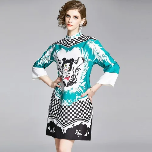 

Fashion Summer Cheongsam Straight Dress Print Stand Collar Wrist Sleeve Plaid Dress Harajuku Streetwear Mini Femme Slim Dress