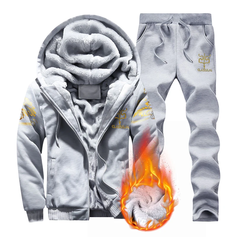 Mens Fleece Hoodies Tracksuit Winter Casual Hooded Warm Sweatshirts Male Thicken 2PC Jacket+Pant Suit Men Moleton Masculino