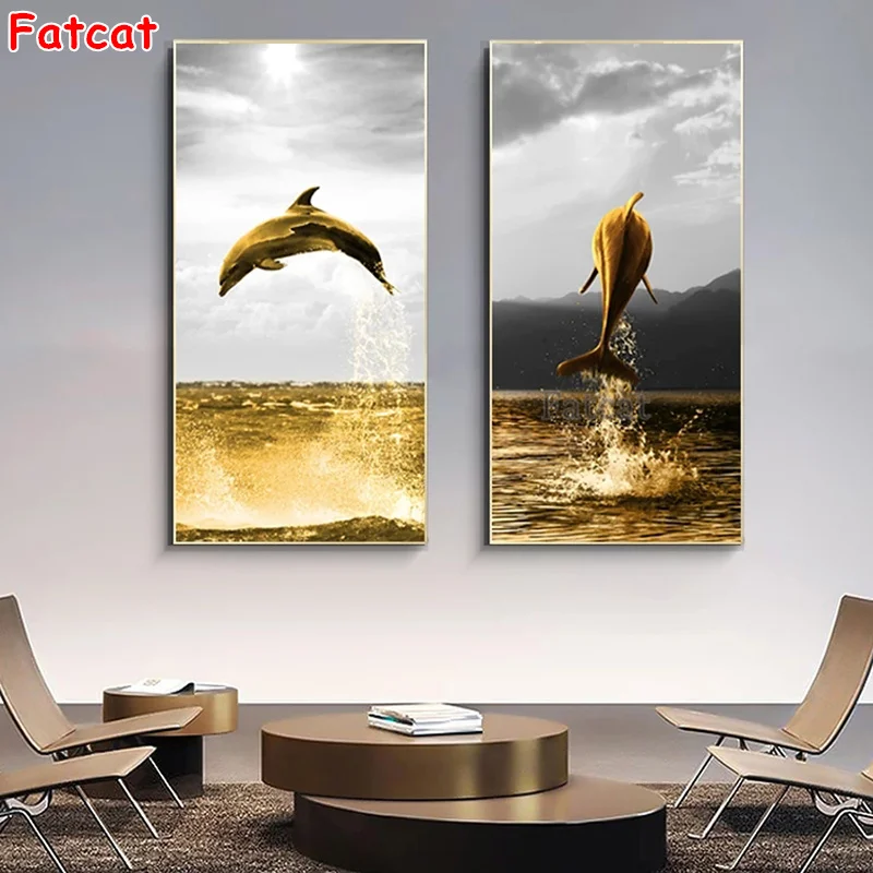 

Алмазная 5D картина с большим золотым дельфином, набор для алмазной вышивки «сделай сам», круглый набор для домашнего декора с пейзажем, PP2829