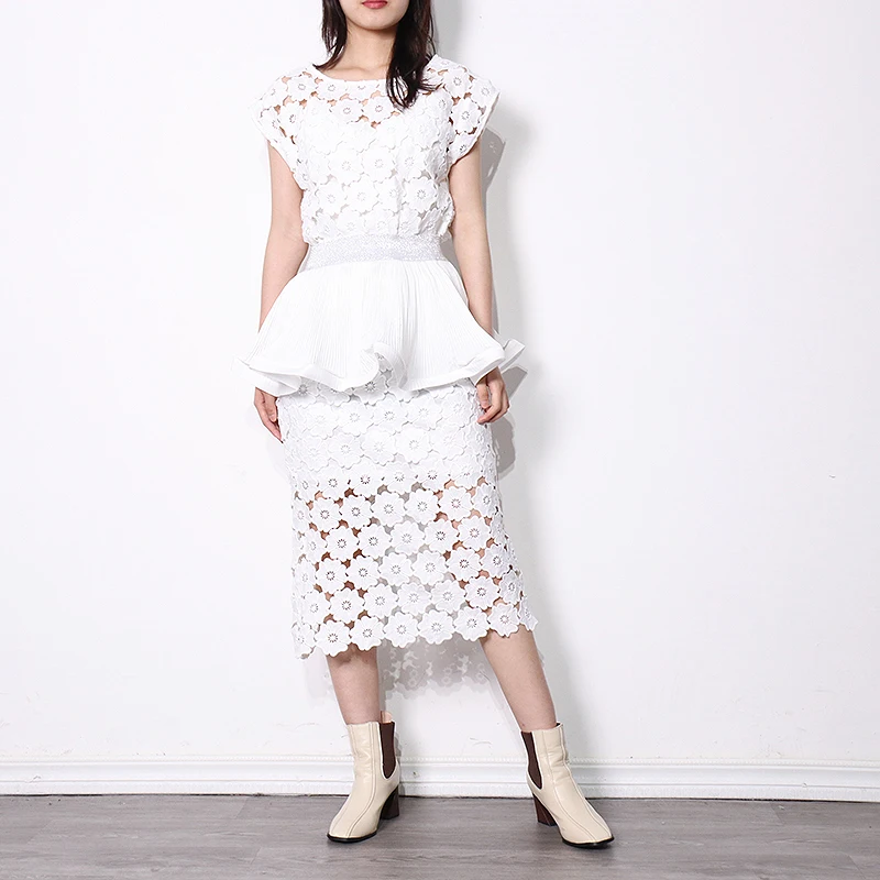 

Женский Белый Комплект из трех предметов, топ с круглым вырезом и коротким рукавом, юбка с высокой талией, ажурные комплекты, 2021