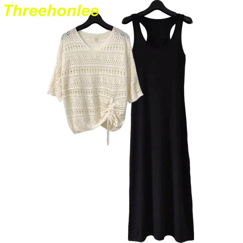 

Summer Women Knitting Hollow Out V-neck Coat + Sleeveless Strap Dress 2 Piece Sets Female Sweet Sexy Ladies Suits