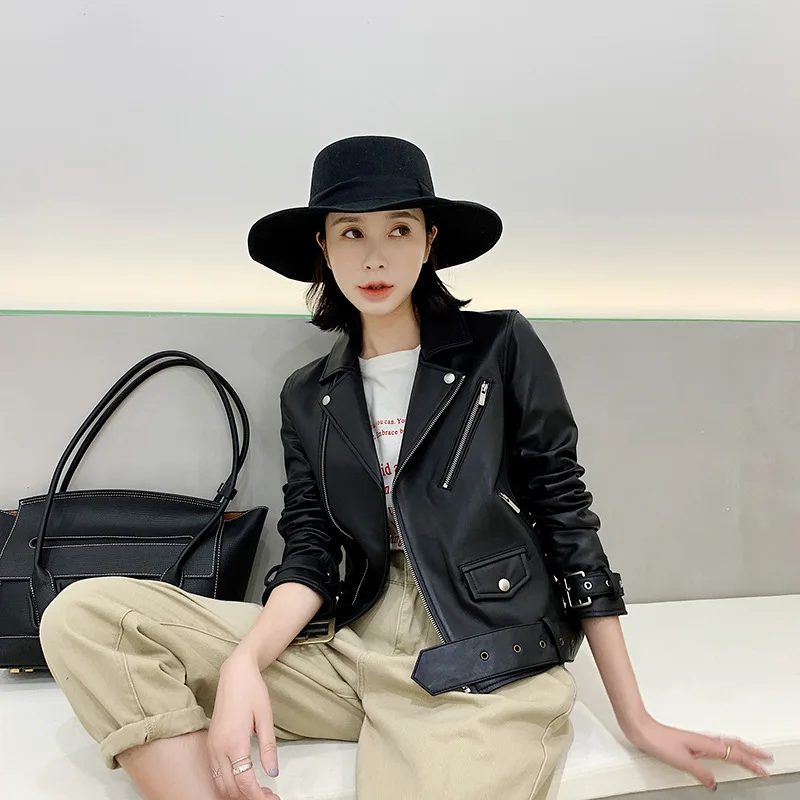 

Office Natural Leather Elegant Jacket Female Biker Motor Sheepskin Short Coat Autumn Streetwear Slim Sashes Black Punk Outerwear