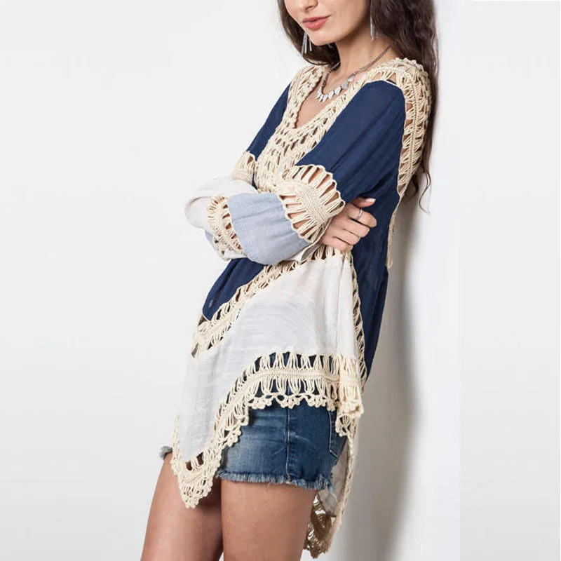 Women Hot Sale High Quality Cotton Long Sleeve V-neck Blouse Ladies Orange Blue Girls Blouses Blearance Hollow Out | Женская одежда