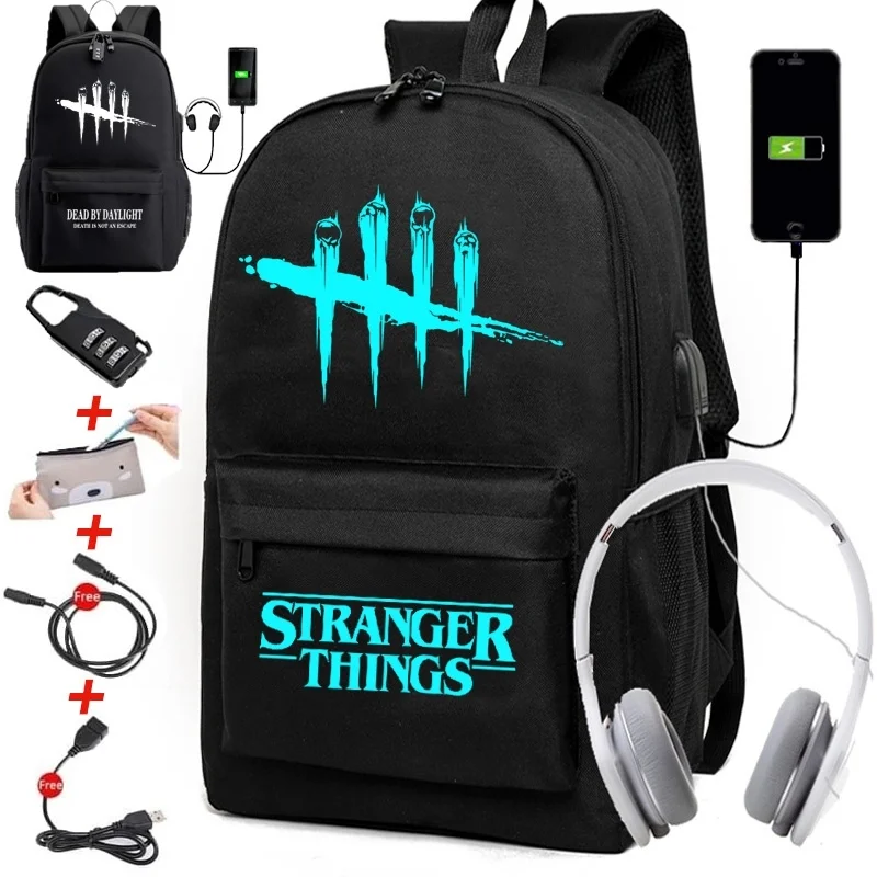

IMIDO Luminous Stranger Things Backpacks for School Students Black Large Capacity Shoulders Backpack USB Charging Travel Bags