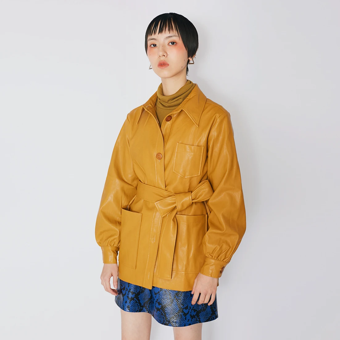 spesifikasi Faux Wanita Fashion Jaket Kulit Sabuk Pinggang Kantong PU Kulit Mantel Wanita Jaket Streetwear