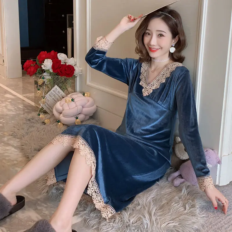 

Nightgowns Women Sleepwear Vintage Lace Patchwork V-Neck Elegant Ladies Soft Plush Warm Comfortable Trendy Homewear Chic Ulzzang