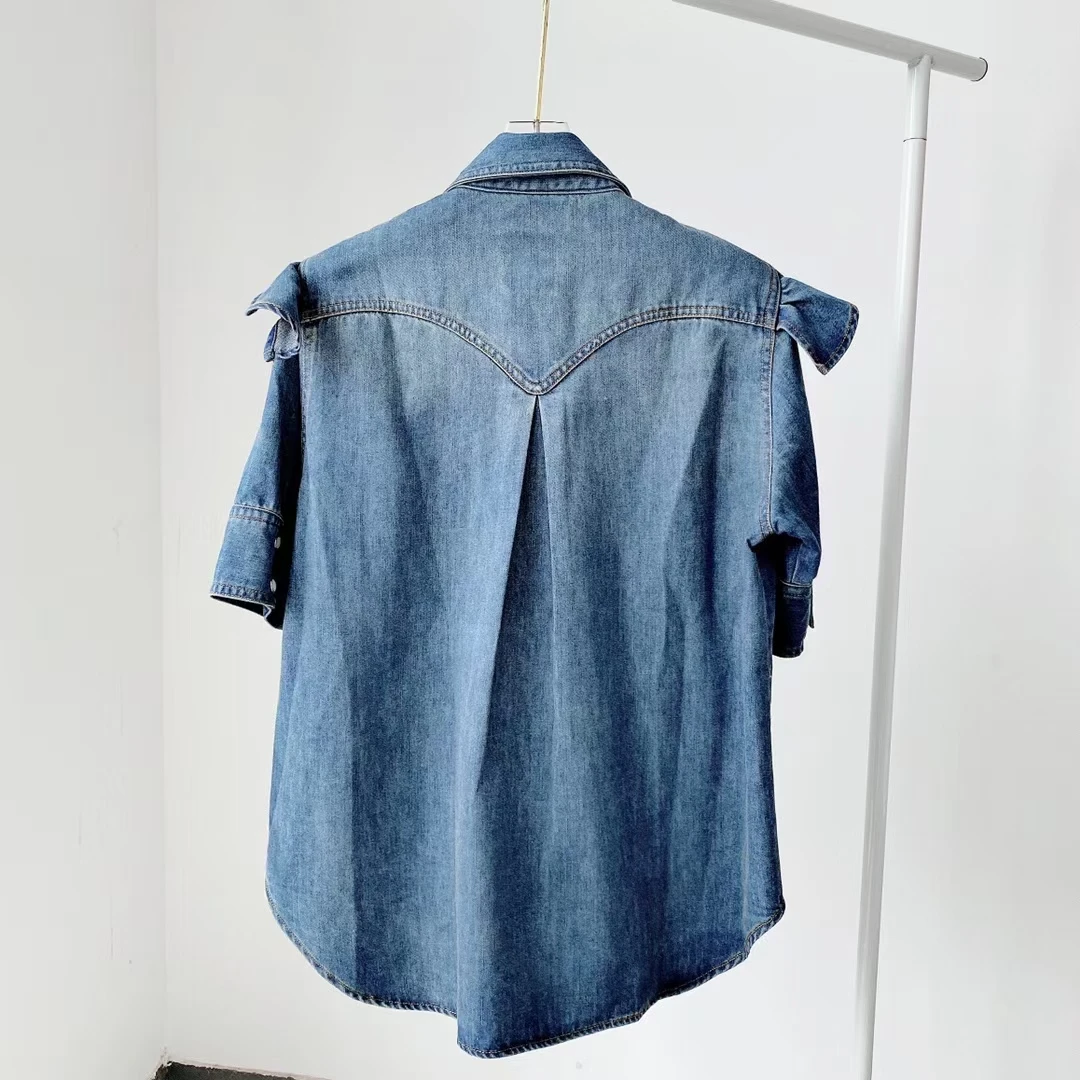 

Women Ruffles Trim Denim Blouse 2021 New Single Breasted Turn-Down Collar Shirt Female Short-Sleeved Tops with Pockets