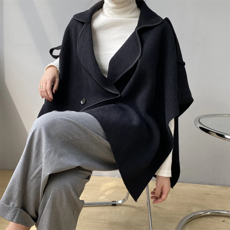 

Spring and autumn women's casual lapel double-breasted loose cloak jacket