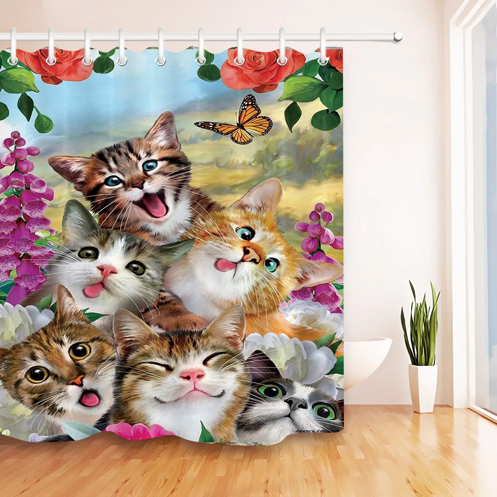 lb 3d cute funny cat shower curtain set hooks waterproof polyester fabric funny animal bathroom curtain for kids bathtub decor free global shipping