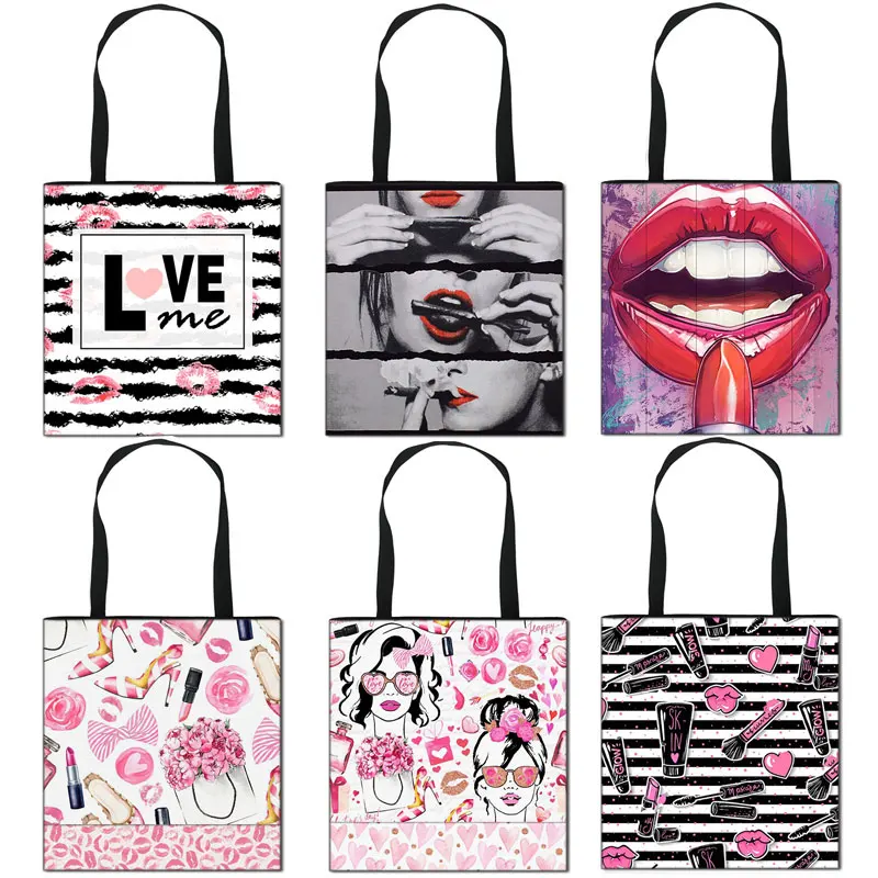

Fashion Red Lips Tote Bags Women Handbag Rolling Blunt Ladies Shoulder Bags for Travel Girls Large Storage Shopping Bag