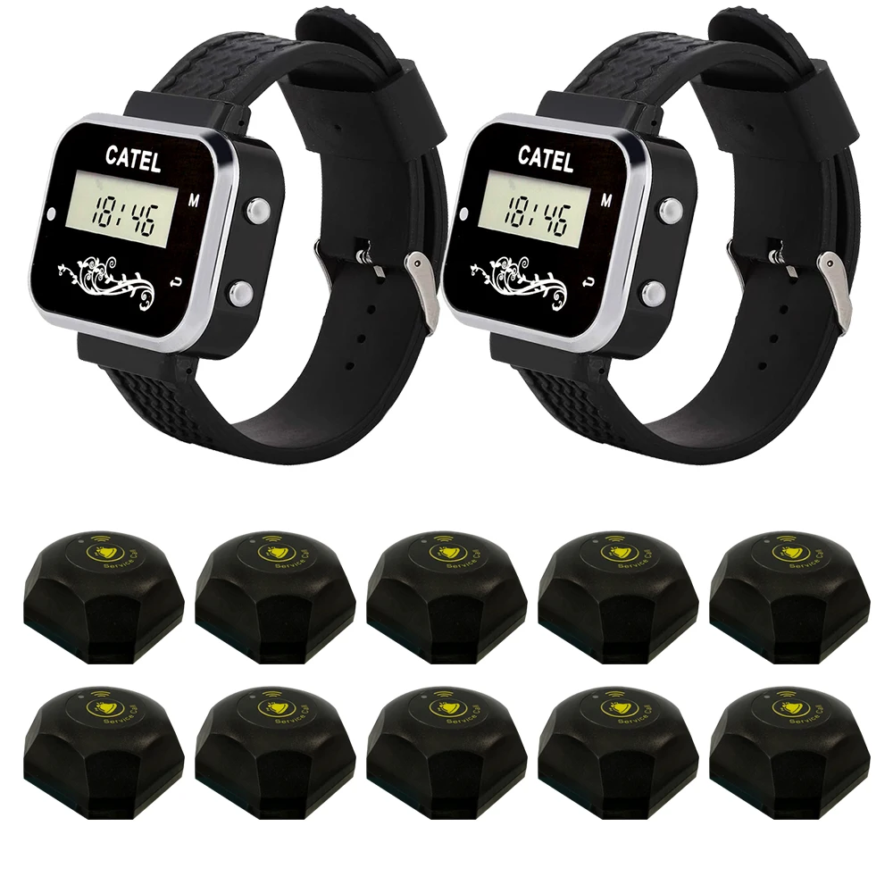 CATEL 2 Watch 10 Call Button Strong Signal Wireless Calling System Call Transmitter Pager for Restaurant Cafe Bell Buzzer