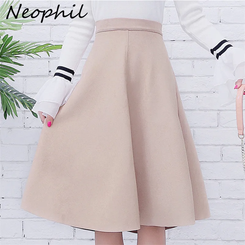 Neophil Women Suede High Waist Midi Skirt 2022 Spring Vintage Style Pleated Ladies A Line Black Flare Skirt Saia Femininas S1802