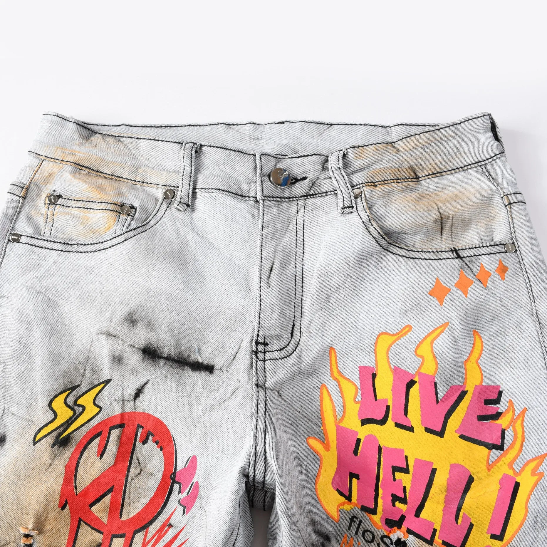 High-Quality Men's Slim-fit Straight-leg Printed Vintage Jeans Casual Personality Young Men Hip-Hop Print Flame Denim Pants