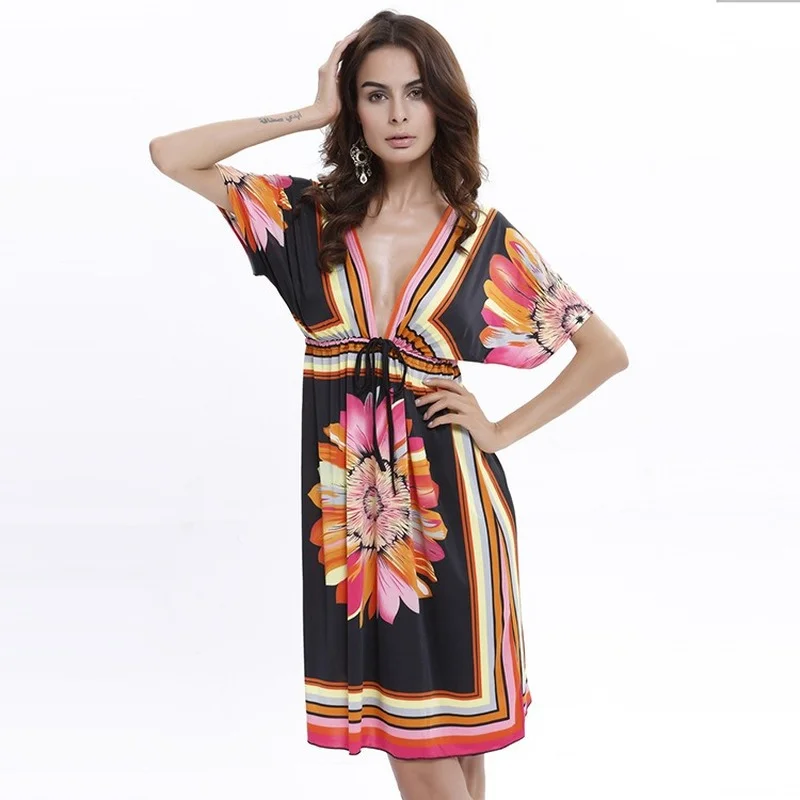 

Sexy Bohemia Dress Women V-neck Beach Folds Print Beachwear Backless Dress Lady Vintage Designer Zipper Vestido Feminino 2021