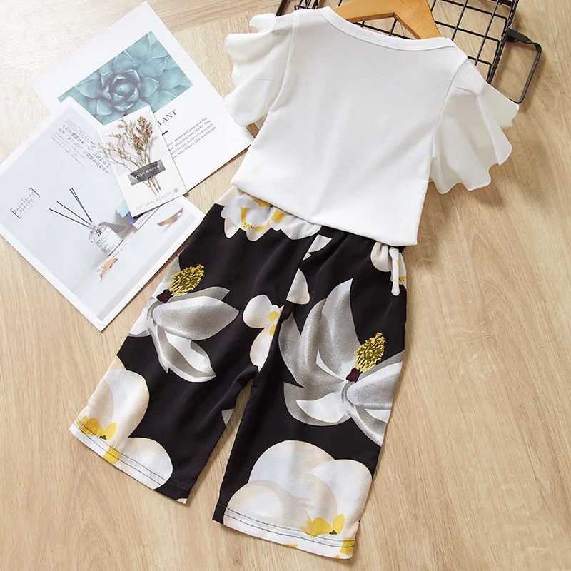 Одежда для девочек топ с рукавами крылышками и цветочным принтом футболка штаны