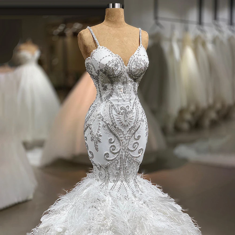 

luxury Heavily Beaded Feathers Wedding Dress Spaghetti Straps Mermaid Bridal Dress vestido de novia FOW32729