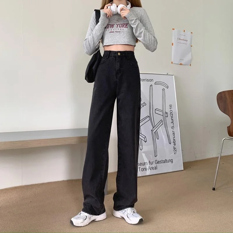 

High waist black wide leg jeans women look thin autumn 2021 new loose vibe vertical floor length pants