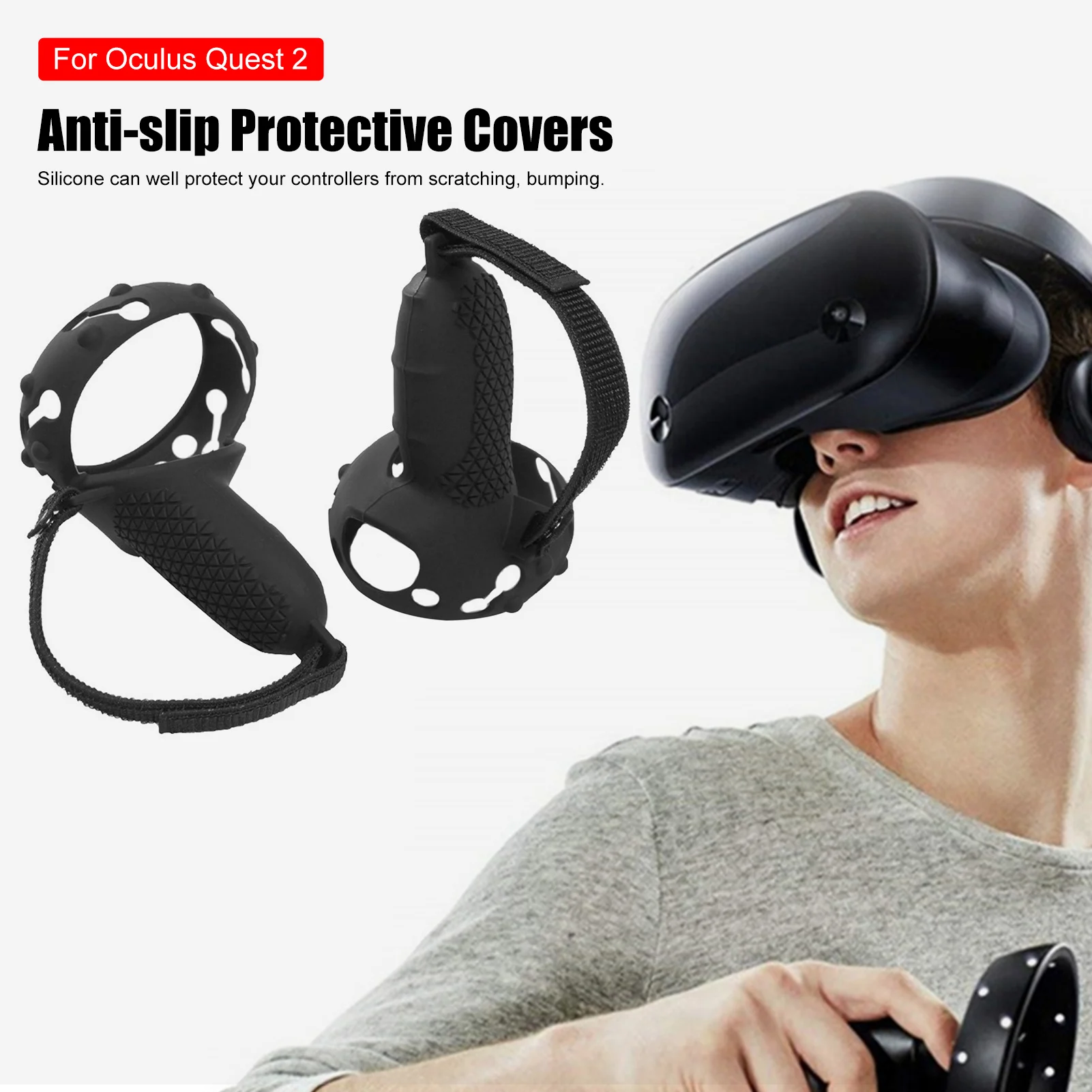 

Touch Controller Silicone Grip Ring Cover+Adjustable Hand Strap +Thumb Caps For Oculus Quest 2 VR Handle Protective Accessories