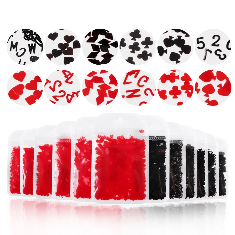 

Poker Nail Art Sequins Red Black Playing Card Designs Nails Decorations Heart Diamond Spade Shape Flakes Slice Nails Accessories