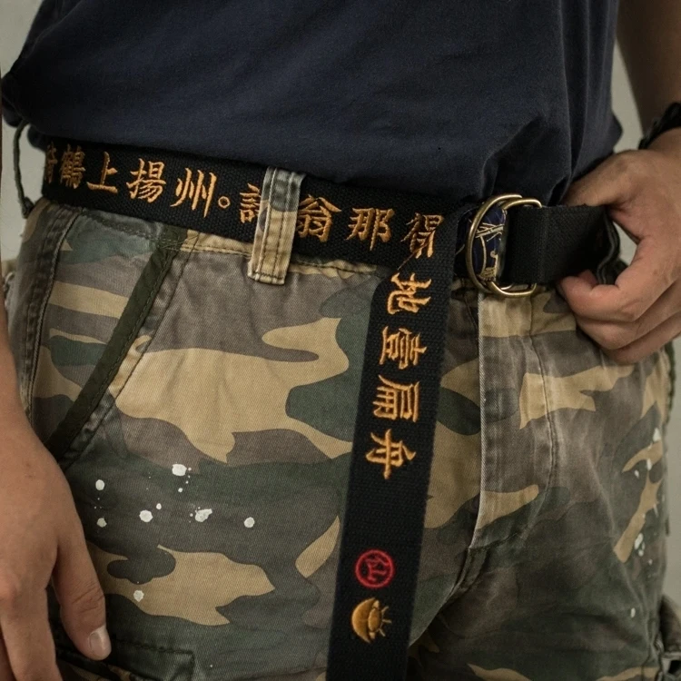 Y Demo Харадзюку холщовый ремень китайский буквенный вышивка Двойные кольцевые