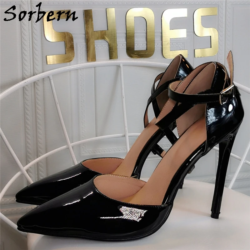 

Sorbern Sexy Black Patent Women Shoes Two-Piece Pump Ankle Strap Pointed Heels Cute Shoes Women Work Heel Trendy Heels For Women
