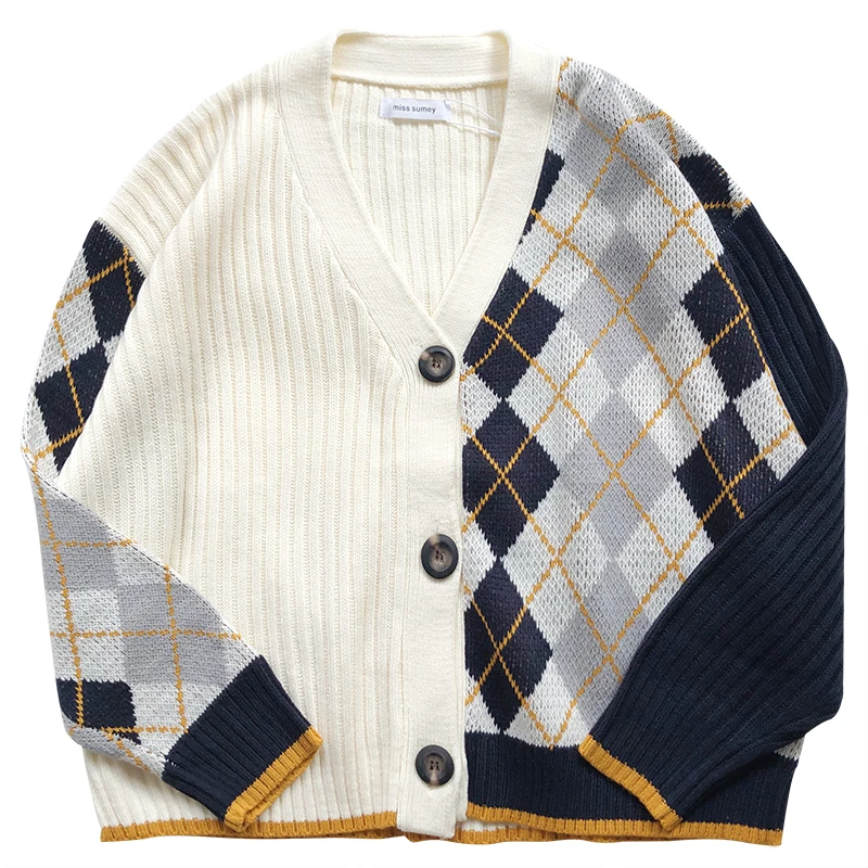 

3 colors 2021 spring and autumn korean style color patchwork V neck plaid knittd cardigans womens sweaters womens