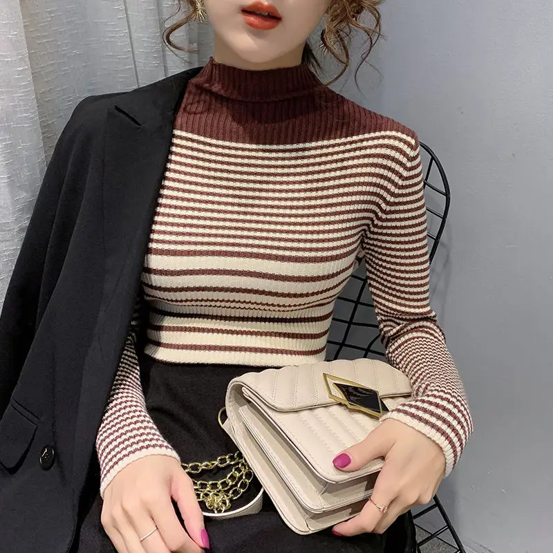

Women's semi-high collar slim striped sweater winter New tight padded sweater inner and outer base shirt