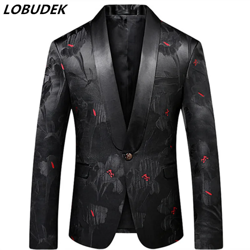 

Новый мужской свадебный костюм, пиджак, приталенный, высокое качество, черный, с принтом, блейзеры, корейский стиль, жаккардовый Блейзер, кос...