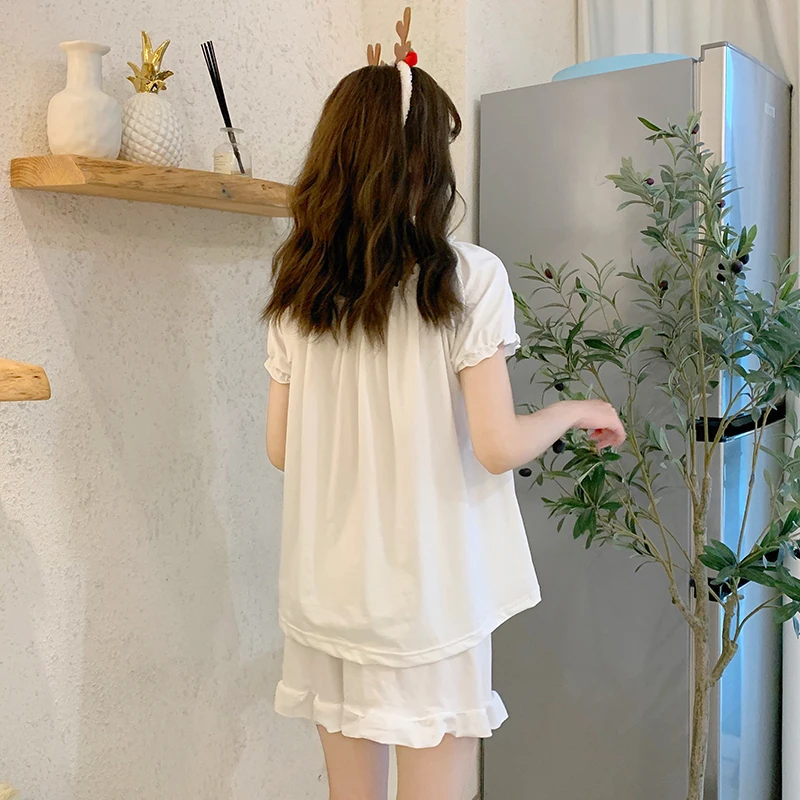 Women Pajamas Sets 2 Pcs Outfits Sleepwear Lounge White Lingerie Loungewear Summer Short Sleeve Tops Short Night Shirt Sleeping