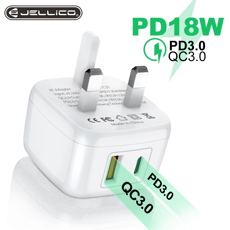 

Jellico PD 18W UK Plug QC3.0 USB Type C Charger Phone Quick Charge Adapter for iPhone 12 11 Pro XR XS MAX Samsung Xiaomi Huawei
