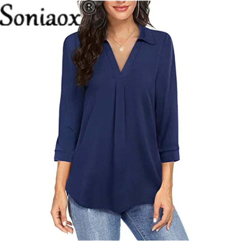 

2021 New Fashion Women Elegant Shirts Vintage V-Neck Folds Chiffon Blouse Ladies Long Sleeve OL Casual Plus Size Clothing Tops