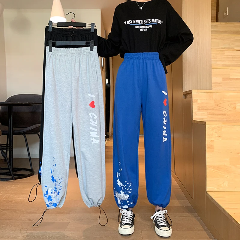 

Sports pants girls 2021 autumn new style junior high school students Korean version of high waist loose wild wide leg trousers