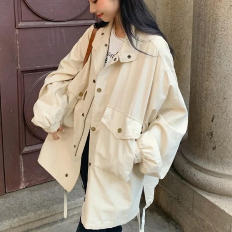 

Пальто женское средней длины в стиле милитари, свободная уличная одежда с длинным рукавом, куртка бойфренда в стиле милитари, Шикарная ветр...