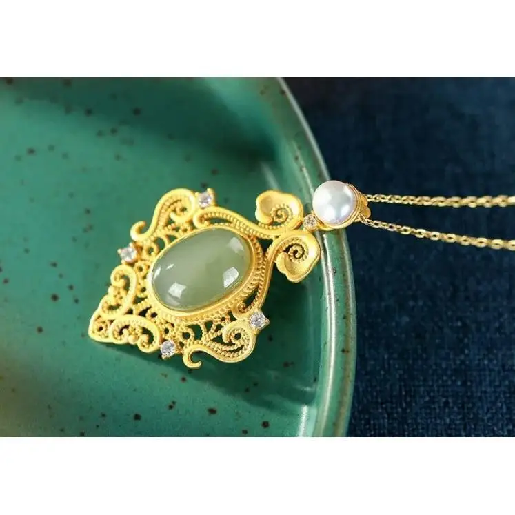 

Original Retro S925 Sterling Silver Hetian Jade Green Jade Zhen Upscale Personality Hollow Women's Jade Necklace Pendant Necklac
