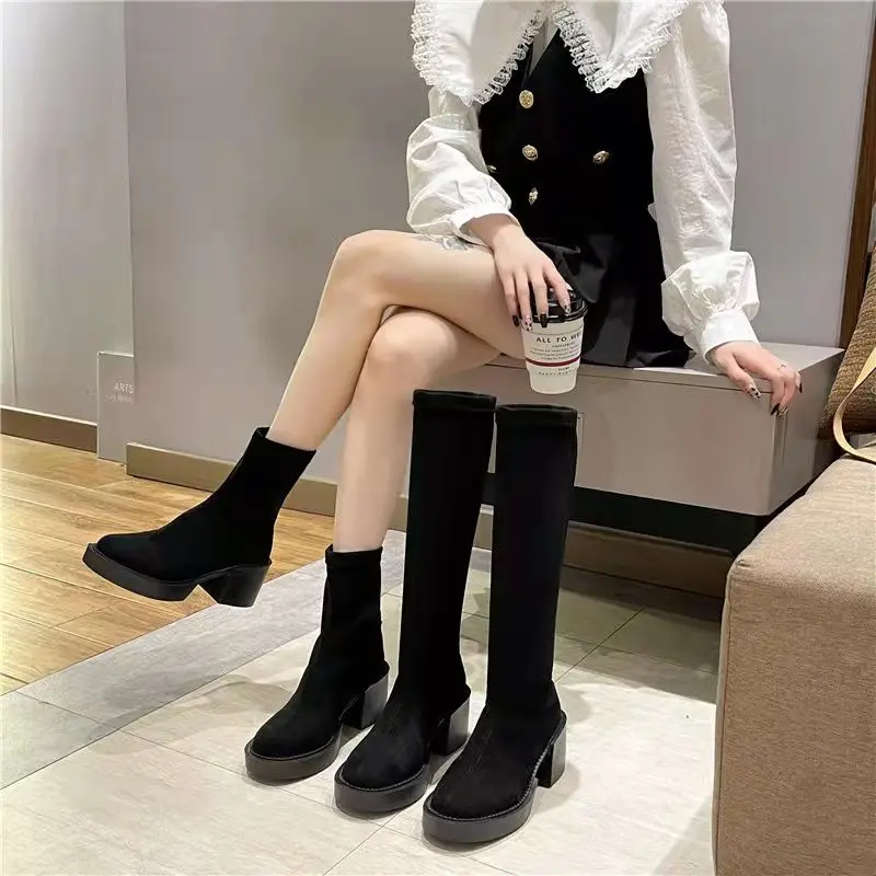 

Женские ботильоны, Дамская обувь, сапоги на высоком каблуке, обувь на платформе из стрейчевой ткани, женская модная осенне-зимняя обувь