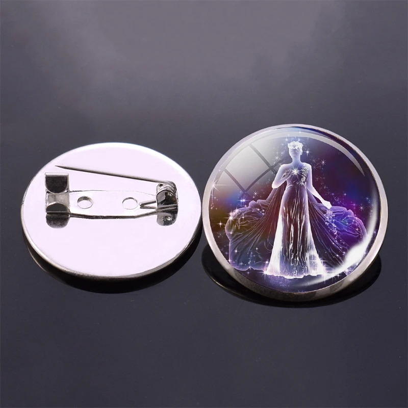 Броши "12 созвездий" Знаки Зодиака Броши Значки Стеклянные кабошоны Ювелирные изделия в стиле мода Весы Лев Дева Женщины Подарок на День Рождения Оптовая продажа.