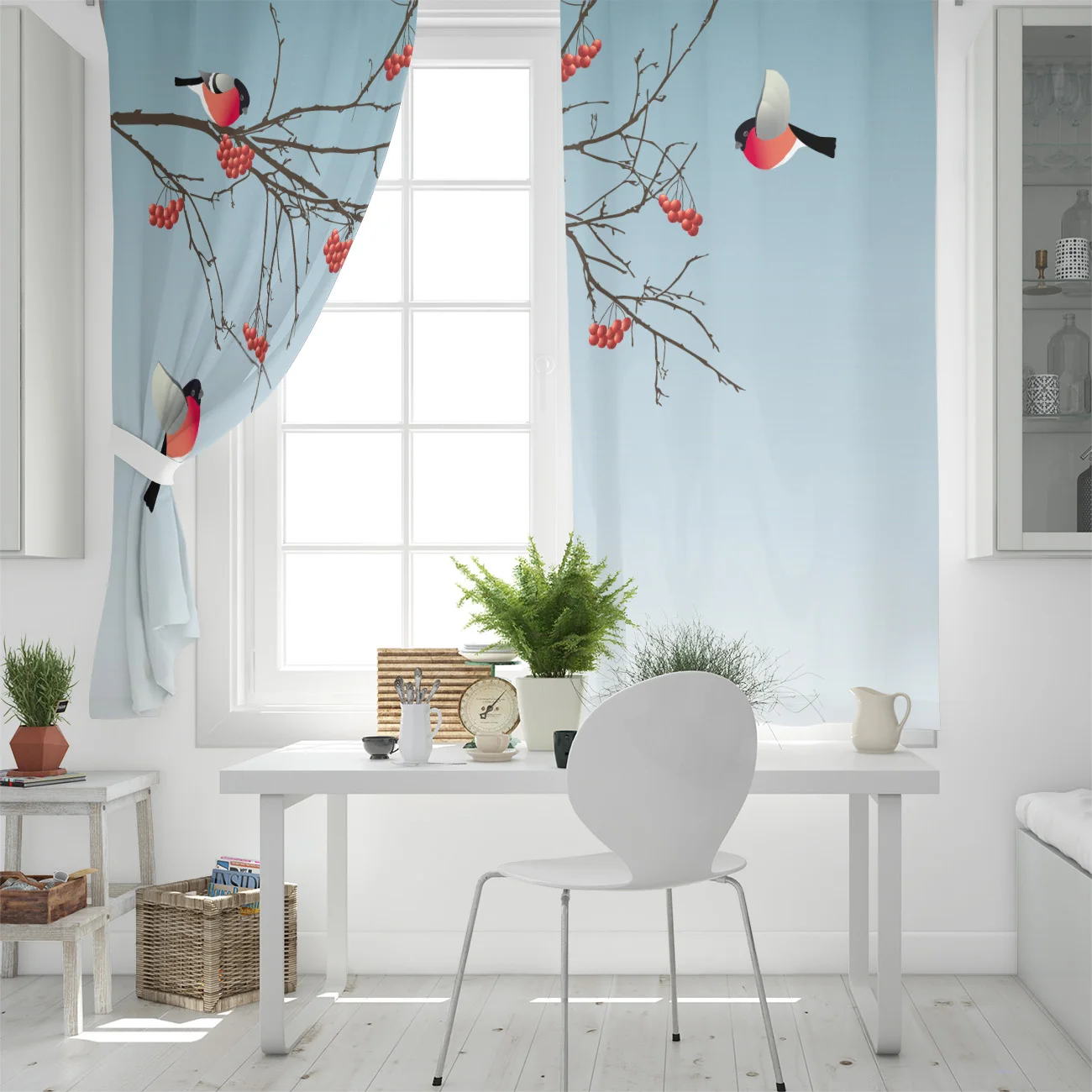 Занавески на окна в китайском стиле с изображением бульфинча птиц животных