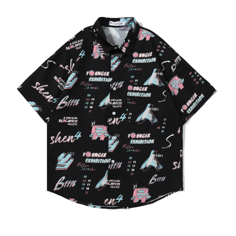 

Summer High Quality Hawaii Shirts For Men 2021 Short Sleeve Casual Button 3D Printing Chinese Characters Camisa Masculina S-2XL