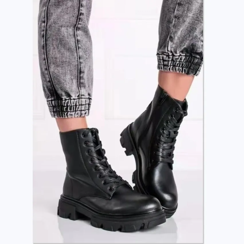 

2022 New Women's Boots PU Leather White Ankle Boots Autumn Winter Motorcycle Boots Fashion Female Chunky Heel Platform Boots