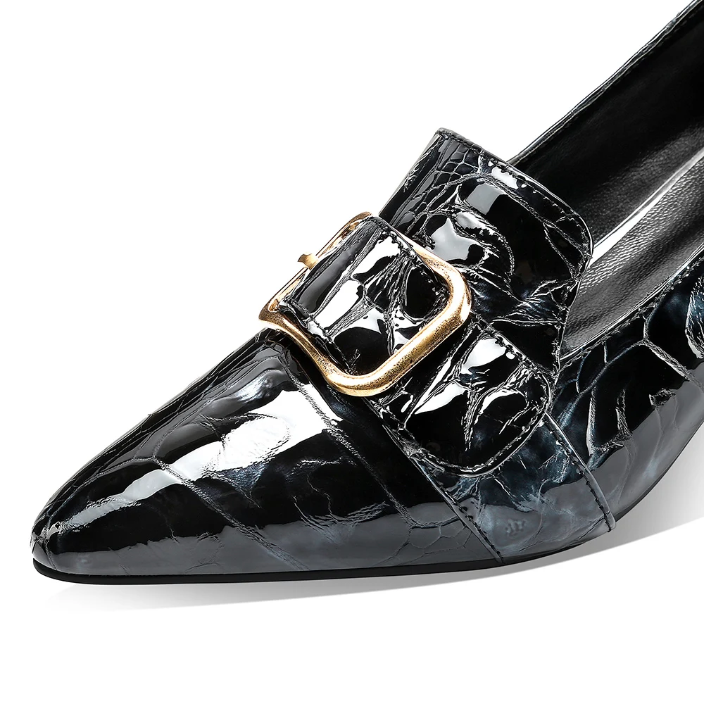 

2020 Spring New Genuine Leather Shoes Women Black Blue Elegant Mid Heel Pumps Party Shoes Metal Buckle Pointed Toe Med Heels