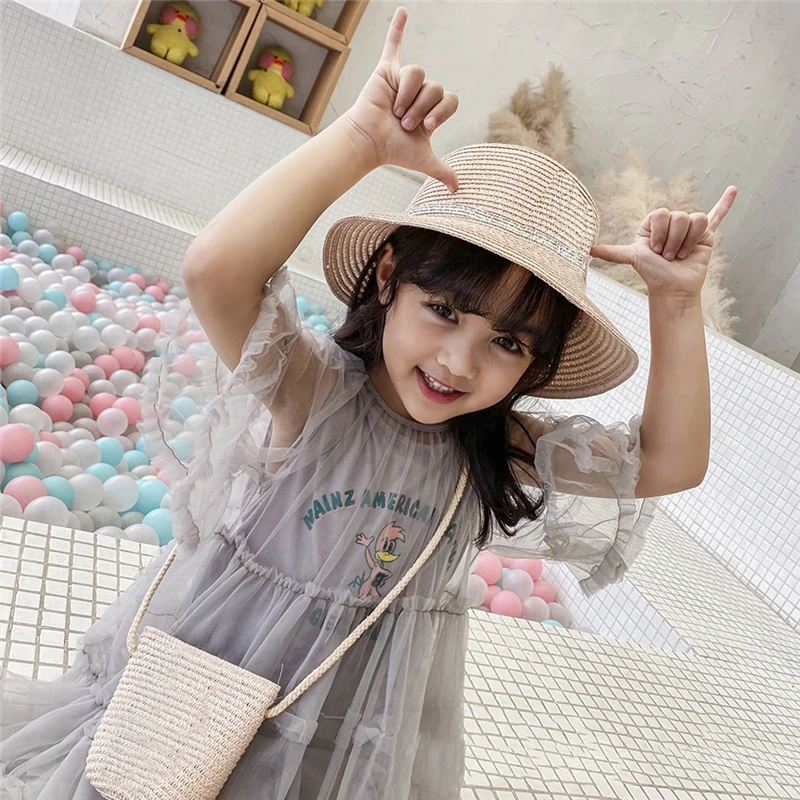 

New Children Straw Beauty Floral Hat Baby Sun Hat Girl Summer Cap Beach Visor Hat Straw Bag Two-Piece Sets Clothing Accessories