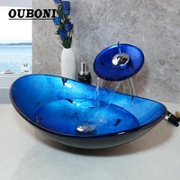 ouboni blue hand painting bathroom washbasin countertop tempered glass basin sink faucet set waterfall faucet vessel vanity bar